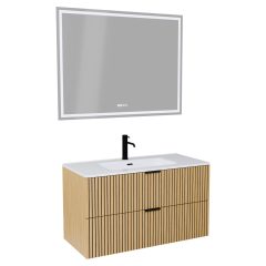   HD Parma Hickory 100/120 komplett fürdőszoba bútor fali mosdószekrénnyel, matt fekete fogantyúkkal és tükörrel