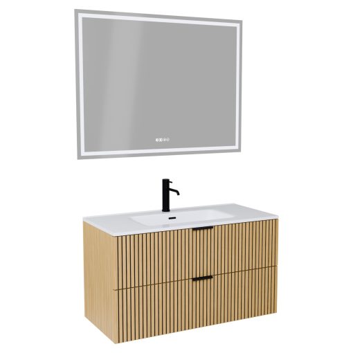 HD Parma Hickory 100/120 komplett fürdőszoba bútor fali mosdószekrénnyel, matt fekete fogantyúkkal és tükörrel