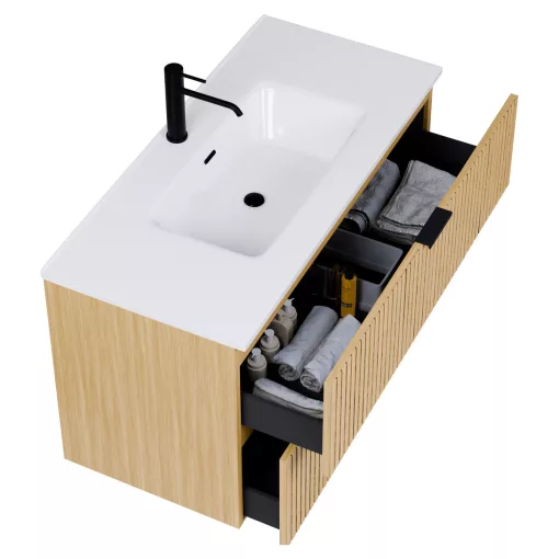 HD Parma Hickory 100/120 komplett fürdőszoba bútor fali mosdószekrénnyel, matt fekete fogantyúkkal és tükörrel