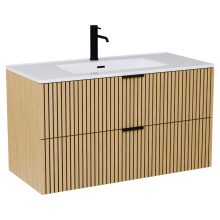 HD Parma Hickory 100 komplett fürdőszoba bútor szett fali mosdószekrénnyel, matt fekete fogantyúkkal, tükörrel és magasszekrénnyel