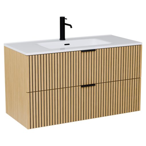 HD Parma Hickory 100 komplett fürdőszoba bútor szett fali mosdószekrénnyel, matt fekete fogantyúkkal, tükörrel és magasszekrénnyel