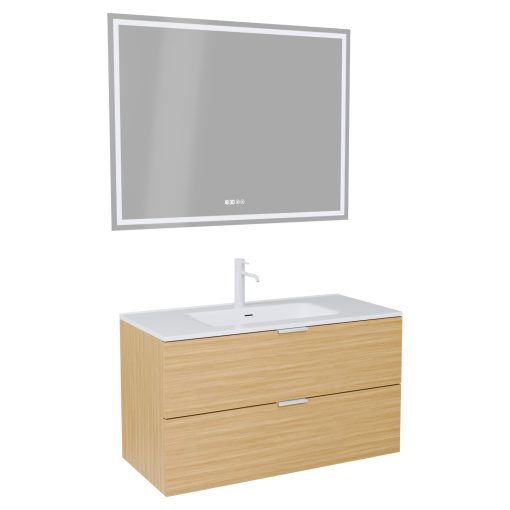 HD Palermo Hickory 100 komplett fürdőszoba bútor fali mosdószekrénnyel, matt fehér fogantyúkkal és tükörrel
