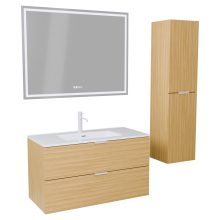 HD Palermo Hickory 100 komplett fürdőszoba bútor szett fali mosdószekrénnyel, matt fehér fogantyúkkal, tükörrel és magas szekrénnyel