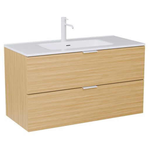 HD Palermo Hickory 100 komplett fürdőszoba bútor szett fali mosdószekrénnyel, matt fehér fogantyúkkal, tükörrel és magas szekrénnyel