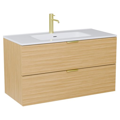 HD Palermo Hickory 100 komplett fürdőszoba bútor szett fali mosdószekrénnyel, szálcsiszolt arany fogantyúkkal, tükörrel és magas szekrénnyel