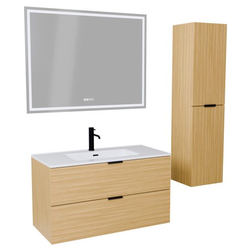 HD Palermo Hickory 100/120 komplett fürdőszoba bútor szett fali mosdószekrénnyel, matt fekete fogantyúkkal, tükörrel és magas szekrénnyel