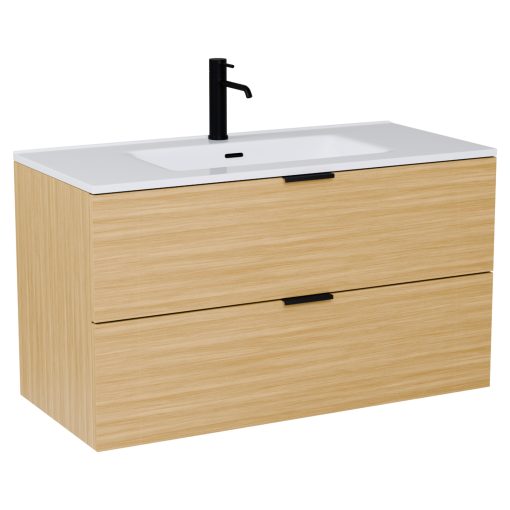 HD Palermo Hickory 100/120 komplett fürdőszoba bútor szett fali mosdószekrénnyel, matt fekete fogantyúkkal, tükörrel és magas szekrénnyel