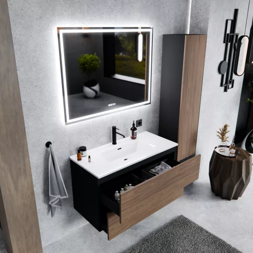 HD Aria Pro Black-Oak 100 fali mosdószekrény, push-to-open mechanizmussal