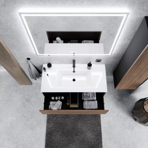HD Aria Pro Black-Oak 100 fali mosdószekrény, push-to-open mechanizmussal
