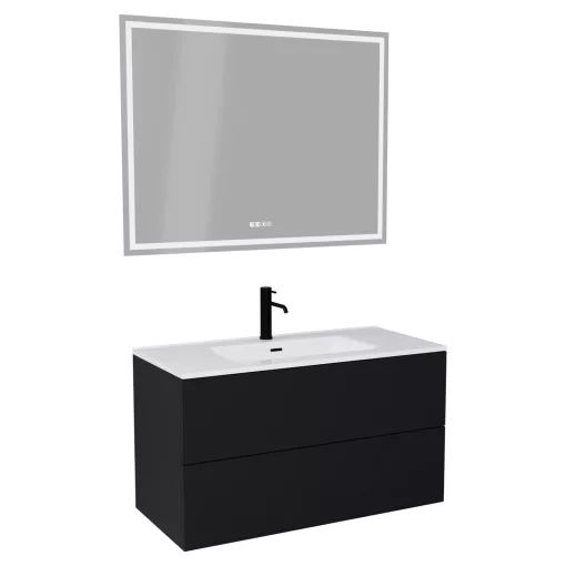 HD Aria Pro Black 100 komplett fürdőszoba bútor fali push-to-open mosdószekrénnyel és tükörrel