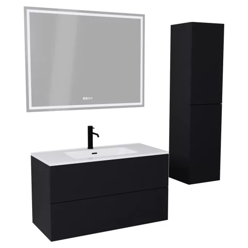 HD Aria Pro Black 100 komplett fürdőszoba bútor szett fali push-to-open mosdószekrénnyel, tükörrel és magasszekrénnyel