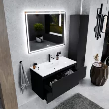 HD Aria Pro Black 100 komplett fürdőszoba bútor szett fali push-to-open mosdószekrénnyel, tükörrel és magasszekrénnyel