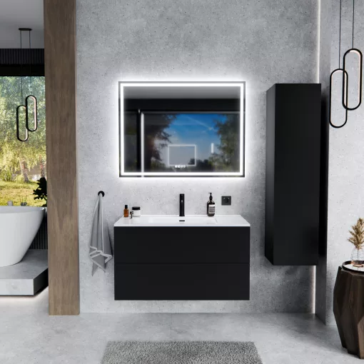 HD Aria Pro Black 100 komplett fürdőszoba bútor szett fali push-to-open mosdószekrénnyel, tükörrel és magasszekrénnyel