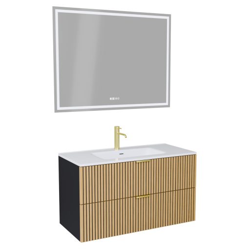 HD Parma Matt Black 100 komplett fürdőszoba bútor fali mosdószekrénnyel, szálcsiszolt arany fogantyúkkal és tükörrel