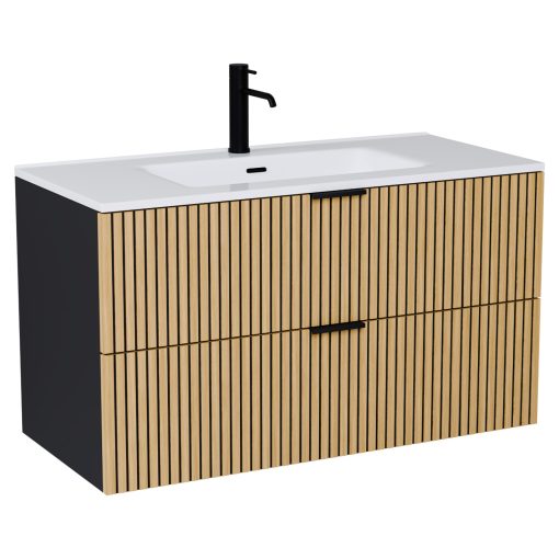 HD Parma Matt Black 100/120 komplett fürdőszoba bútor fali mosdószekrénnyel, matt fekete fogantyúkkal és tükörrel