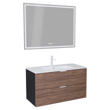 HD Palermo Black-Oak 100 komplett fürdőszoba bútor fali mosdószekrénnyel, matt fehér fogantyúkkal és tükörrel