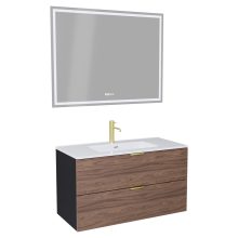 HD Palermo Black-Oak 100 komplett fürdőszoba bútor fali mosdószekrénnyel, szálcsiszolt arany fogantyúkkal és tükörrel