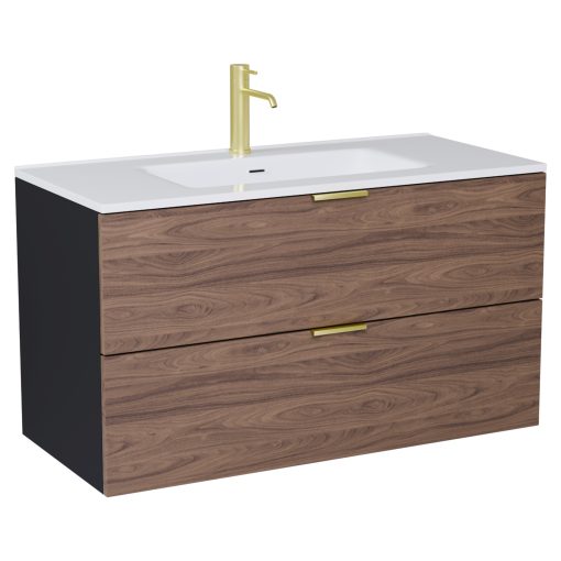 HD Palermo Black-Oak 100 komplett fürdőszoba bútor szett fali mosdószekrénnyel, szálcsiszolt arany fogantyúkkal, tükörrel és magasszekrénnyel