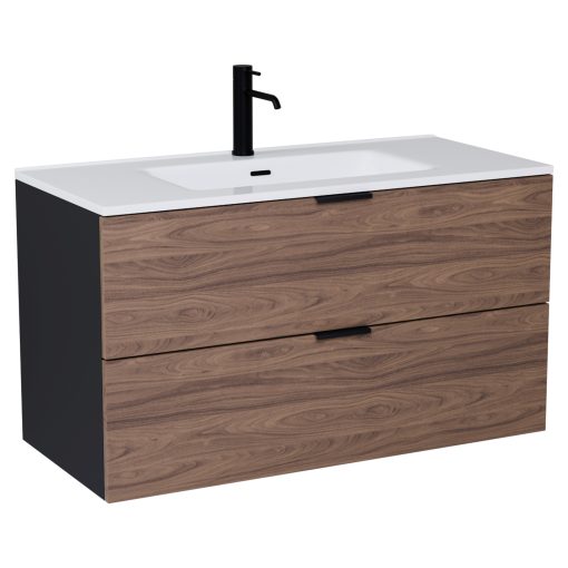 HD Palermo Black-Oak 100/120 komplett fürdőszoba bútor fali mosdószekrénnyel, matt fekete fogantyúkkal és tükörrel