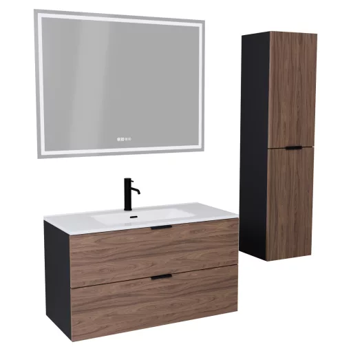 HD Palermo Black-Oak 100/120 komplett fürdőszoba bútor szett fali mosdószekrénnyel, matt fekete fogantyúkkal, tükörrel és magasszekrénnyel