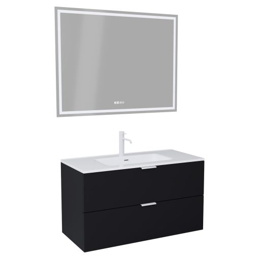 HD Palermo Matt Black 100 komplett fürdőszoba bútor fali mosdószekrénnyel, matt fehér fogantyúkkal és tükörrel