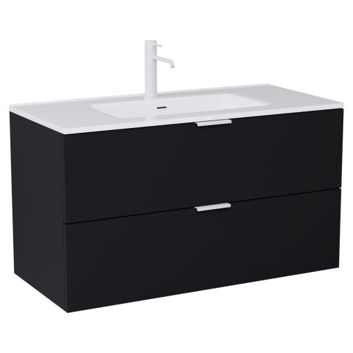 HD Palermo Matt Black 100 komplett fürdőszoba bútor fali mosdószekrénnyel, matt fehér fogantyúkkal és tükörrel