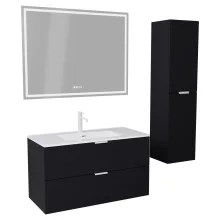 HD Palermo Matt Black 100 komplett fürdőszoba bútor szett fali mosdószekrénnyel, matt fehér fogantyúkkal, tükörrel és magasszekrénnyel