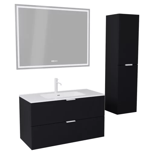 HD Palermo Matt Black 100 komplett fürdőszoba bútor szett fali mosdószekrénnyel, matt fehér fogantyúkkal, tükörrel és magasszekrénnyel