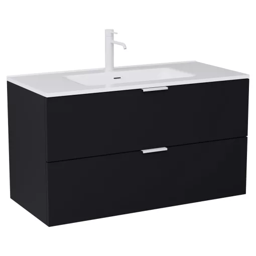 HD Palermo Matt Black 100 komplett fürdőszoba bútor szett fali mosdószekrénnyel, matt fehér fogantyúkkal, tükörrel és magasszekrénnyel