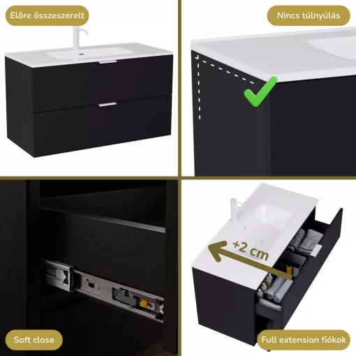 HD Palermo Matt Black 100 komplett fürdőszoba bútor szett fali mosdószekrénnyel, matt fehér fogantyúkkal, tükörrel és magasszekrénnyel