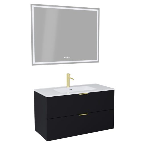 HD Palermo Matt Black 100 komplett fürdőszoba bútor fali mosdószekrénnyel, szálcsiszolt arany fogantyúkkal és tükörrel