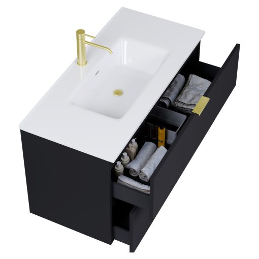 HD Palermo Matt Black 100 komplett fürdőszoba bútor fali mosdószekrénnyel, szálcsiszolt arany fogantyúkkal és tükörrel