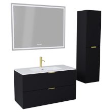 HD Palermo Matt Black 100 komplett fürdőszoba bútor szett fali mosdószekrénnyel, szálcsiszolt arany fogantyúkkal, tükörrel és magasszekrénnyel