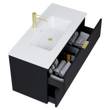 HD Palermo Matt Black 100 komplett fürdőszoba bútor szett fali mosdószekrénnyel, szálcsiszolt arany fogantyúkkal, tükörrel és magasszekrénnyel