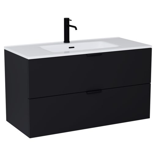 HD Palermo Matt Black 100/120 komplett fürdőszoba bútor fali mosdószekrénnyel, matt fekete fogantyúkkal és tükörrel