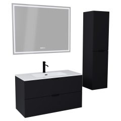   HD Palermo Matt Black 100/120 komplett fürdőszoba bútor szett fali mosdószekrénnyel, matt fekete fogantyúkkal, tükörrel és magasszekrénnyel