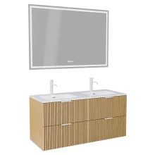 HD Parma Hickory 120 komplett fürdőszoba bútor fali mosdószekrénnyel, matt fehér fogantyúkkal és tükörrel