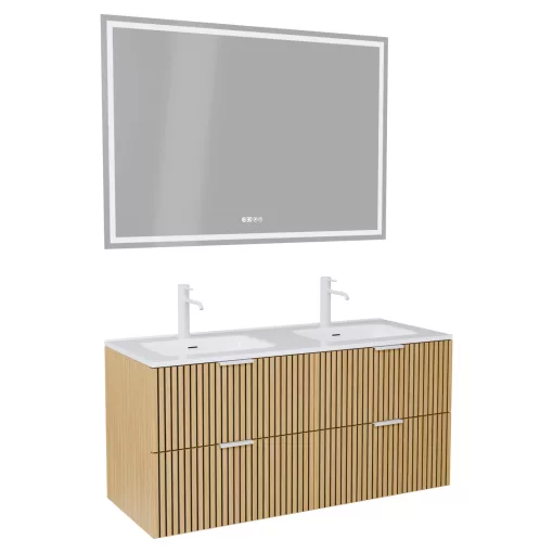 HD Parma Hickory 120 komplett fürdőszoba bútor fali mosdószekrénnyel, matt fehér fogantyúkkal és tükörrel