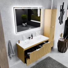 HD Parma Hickory 120 komplett fürdőszoba bútor fali mosdószekrénnyel, matt fehér fogantyúkkal és tükörrel