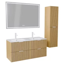 HD Parma Hickory 120 komplett fürdőszoba bútor szett fali mosdószekrénnyel, matt fehér fogantyúkkal, tükörrel és magasszekrénnyel