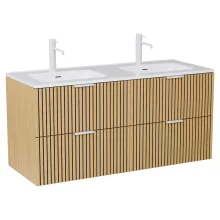 HD Parma Hickory 120 komplett fürdőszoba bútor szett fali mosdószekrénnyel, matt fehér fogantyúkkal, tükörrel és magasszekrénnyel