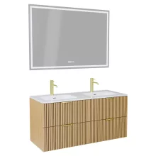 HD Parma Hickory 120 komplett fürdőszoba bútor fali mosdószekrénnyel, szálcsiszolt arany fogantyúkkal és tükörrel