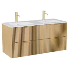 HD Parma Hickory 120 komplett fürdőszoba bútor fali mosdószekrénnyel, szálcsiszolt arany fogantyúkkal és tükörrel