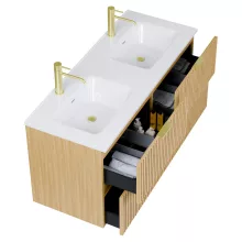 HD Parma Hickory 120 komplett fürdőszoba bútor fali mosdószekrénnyel, szálcsiszolt arany fogantyúkkal és tükörrel