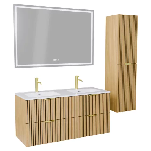 HD Parma Hickory 120 komplett fürdőszoba bútor szett fali mosdószekrénnyel, szálcsiszolt arany fogantyúkkal, tükörrel és magasszekrénnyel