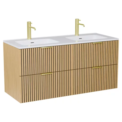 HD Parma Hickory 120 komplett fürdőszoba bútor szett fali mosdószekrénnyel, szálcsiszolt arany fogantyúkkal, tükörrel és magasszekrénnyel