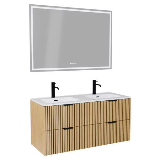 HD Parma Hickory 120 komplett fürdőszoba bútor fali mosdószekrénnyel, matt fekete fogantyúkkal és tükörrel