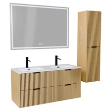 HD Parma Hickory 120 komplett fürdőszoba bútor szett fali mosdószekrénnyel, matt fekete fogantyúkkal, tükörrel és magasszekrénnyel