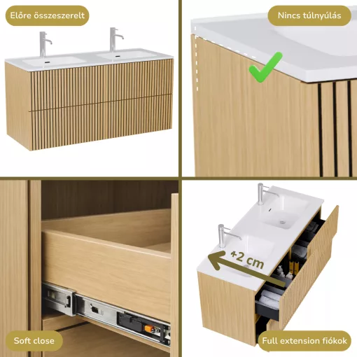 HD Parma Pro Hickory 120 komplett fürdőszoba bútor fali push-to-open mosdószekrénnyel és tükörrel