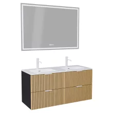 HD Parma Matt Black 120 komplett fürdőszoba bútor fali mosdószekrénnyel, matt fehér fogantyúkkal és tükörrel